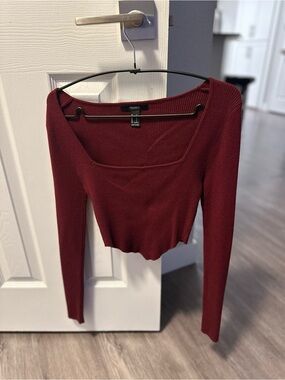 Forever 21 Burgundy Square Neck Ribbed Long Sleeve Crop Top